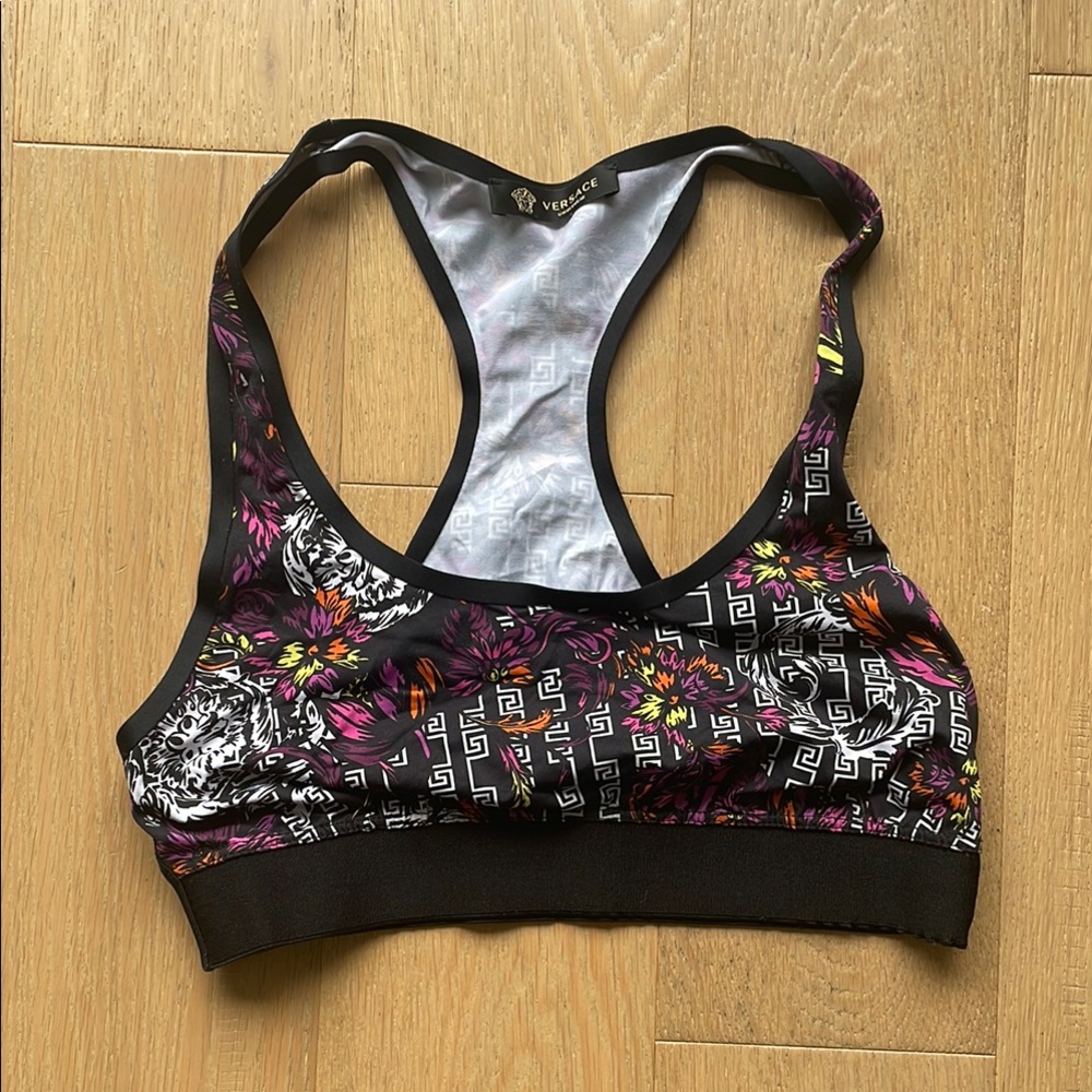 Versace Women's Floral Sports Bra - Black and Pink